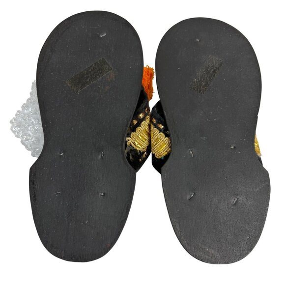 Traditional Ethnic Ahenema Sandals Size 8 Leather Slippers Orange Pom Ghanaian - Picture 5 of 16